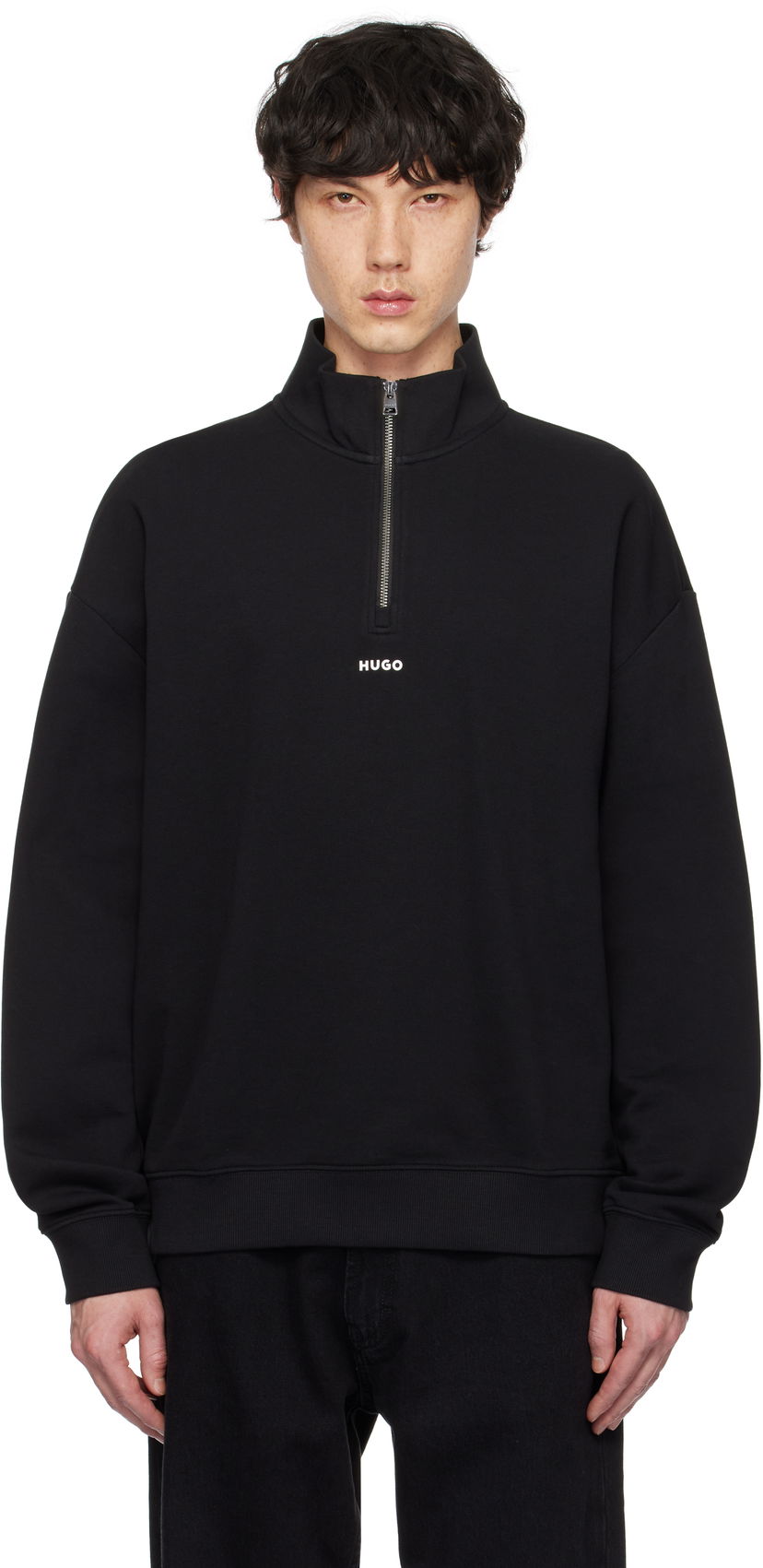 Світшоти BOSS Hugo Logo Print Cotton-Terry Zip-Neck Sweatshirt чорний | 50525881