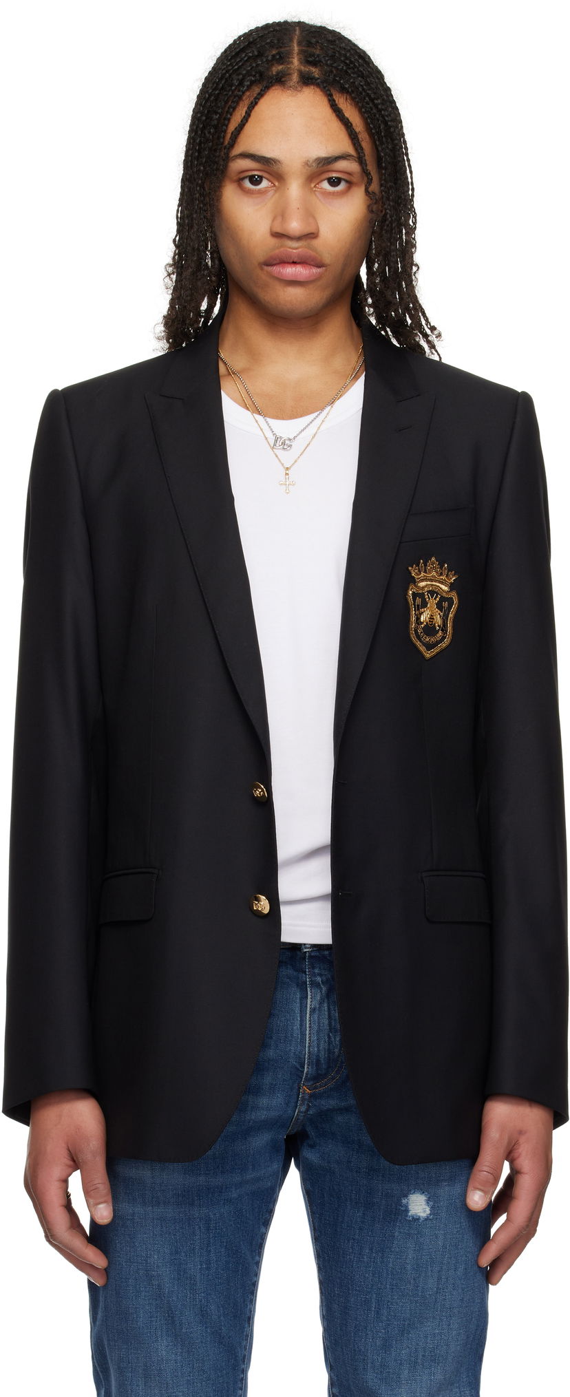 Куртка Dolce & Gabbana Dolce&Gabbana Single-Breasted Wool & Silk Blazer with Patch чорний | G2LK0ZFU3H1