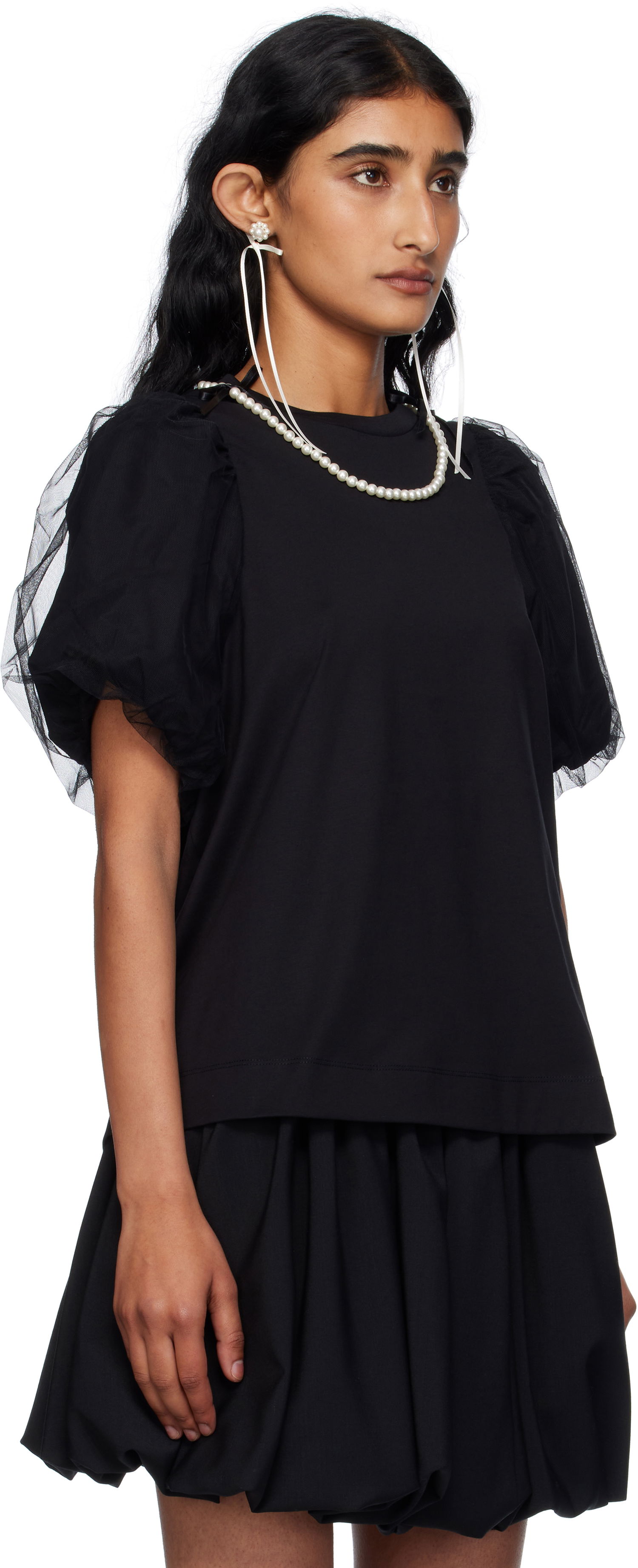 Футболка Simone Rocha Simone Rocha Embellished Tulle Overlay Puff Sleeve T-Shirt чорний | 5397B 0553, 1