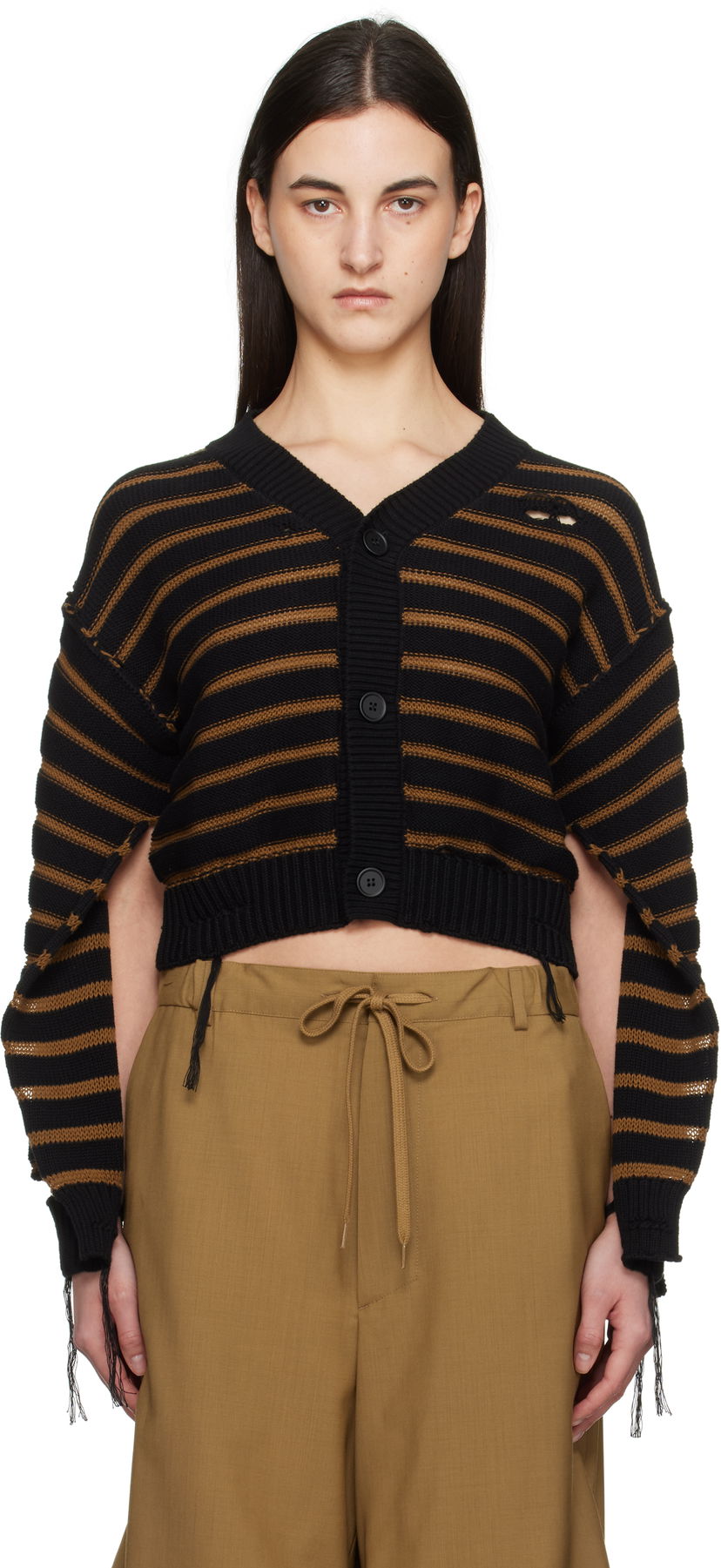 Cветр Maison Margiela MM6 Maison Margiela Striped Distressed V-Neck Cardigan чорний | S52HP0025 M13080