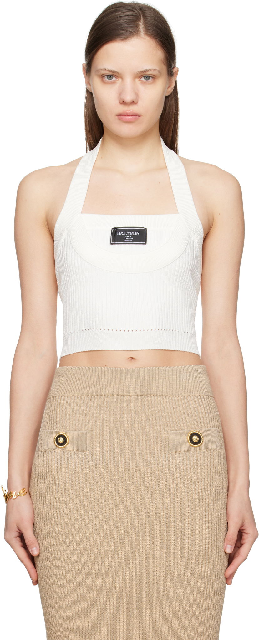 Спідниця Balmain Balmain Ribbed Knit Halter Top бежевий | EF1AA380KI10