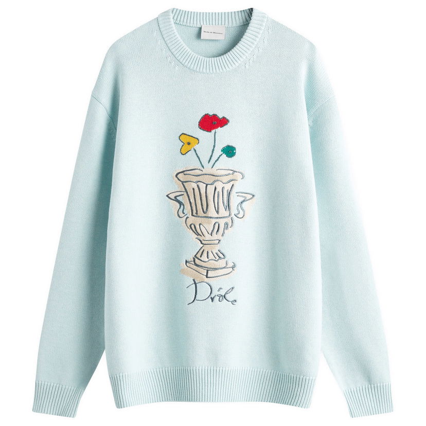 Cветр Drôle de Monsieur Crew Knit with Vase Embroidery Синій | F-PO174-WO023-LBE