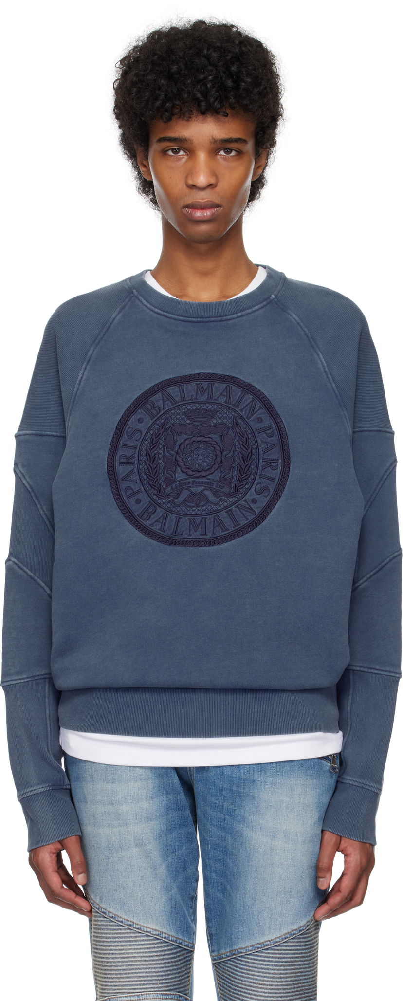 Cветр Balmain Balmain Ribbed Coin Embroidery Sweatshirt Синій | EH1JS007BC89