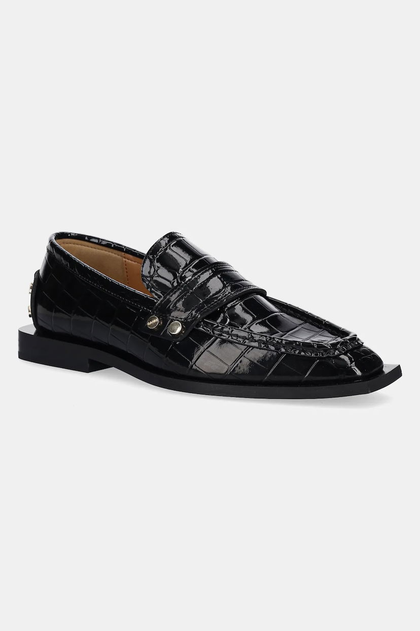 Кросівки та взуття GANNI GANNI Studs Square Toe Shiny Croco Loafers чорний | S3014