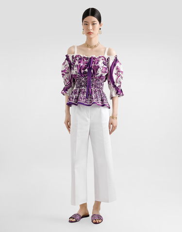 Сорочка Dolce & Gabbana Dolce & Gabbana Majolica Print Off-the-Shoulder Poplin Top Фіолетовий | F71I6TFI5JPHP5DQ, 3