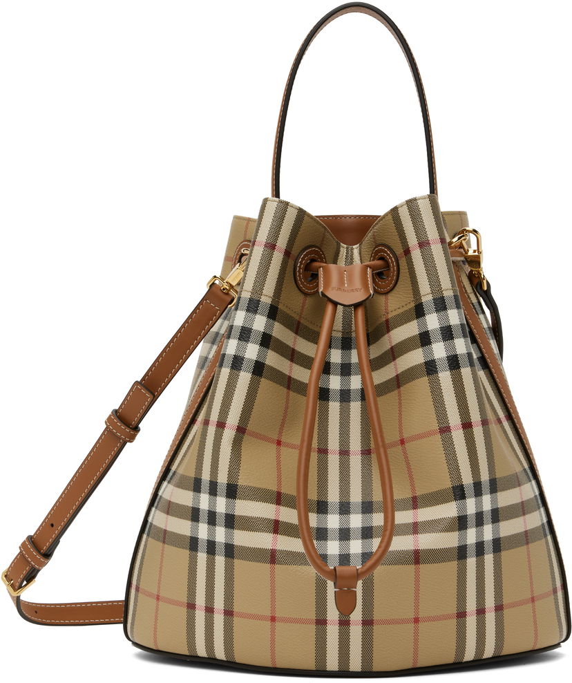 Сумочка Burberry Burberry Vintage Check & Leather Drawstring Bucket Bag бежевий | 8109795
