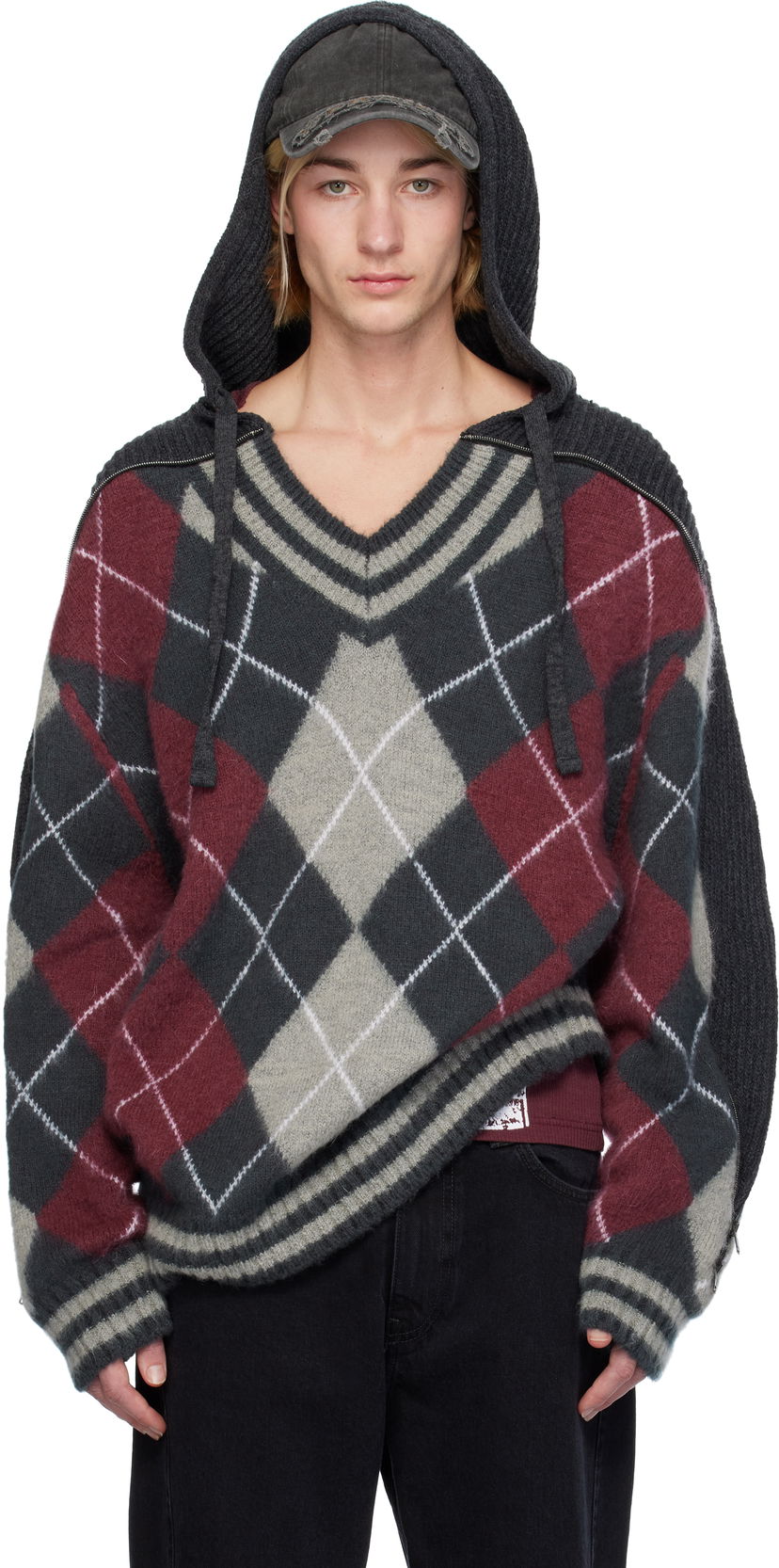 Cветр Y/PROJECT Zip Insert Argyle Hoodie Червоний | 206SW005