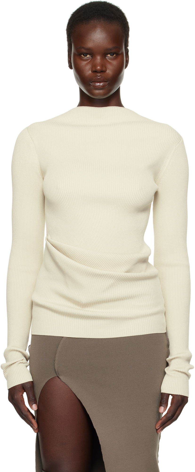 Cветр Rick Owens Rick Owens Hollywood Babel Draped Ribbed Knit Sweater бежевий | RP01E7639 RIBVI