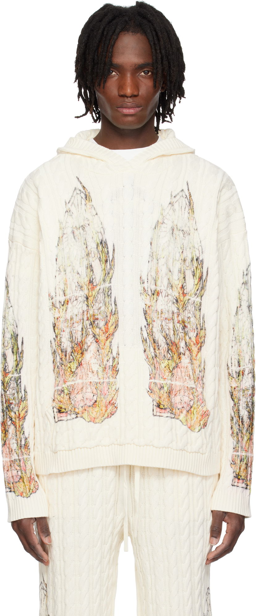 Cветр Who Decides War Who Decides War Flame Glass Cable Knit Hoodie білий | 1110200019SS25