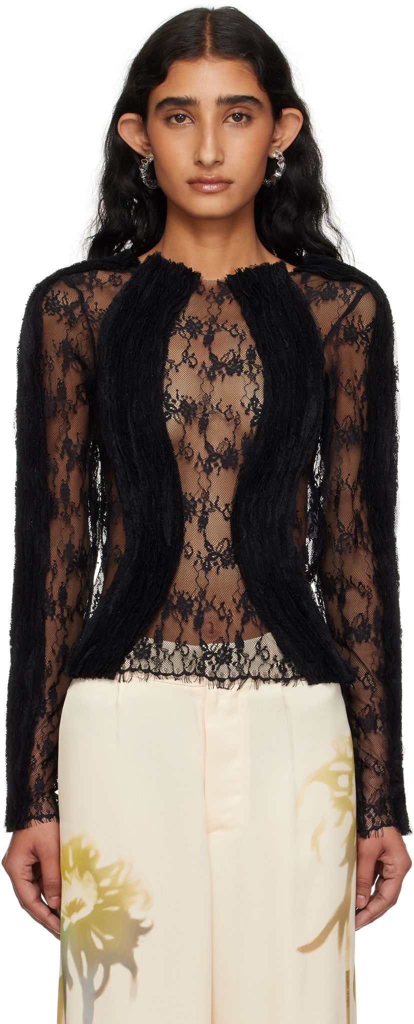 Футболки i безрукавка Collina Strada Collina Strada Wavy Lace Top чорний | XX3303