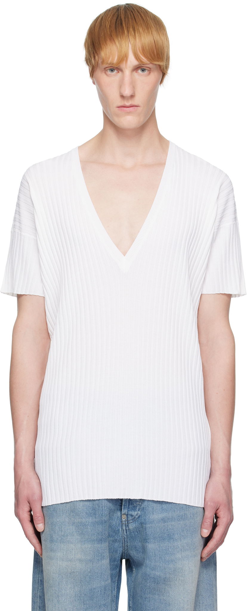 Футболка Maison Margiela MM6 Maison Margiela Rib-Knit V-Neck T-Shirt білий | SH2HN0003 M13125