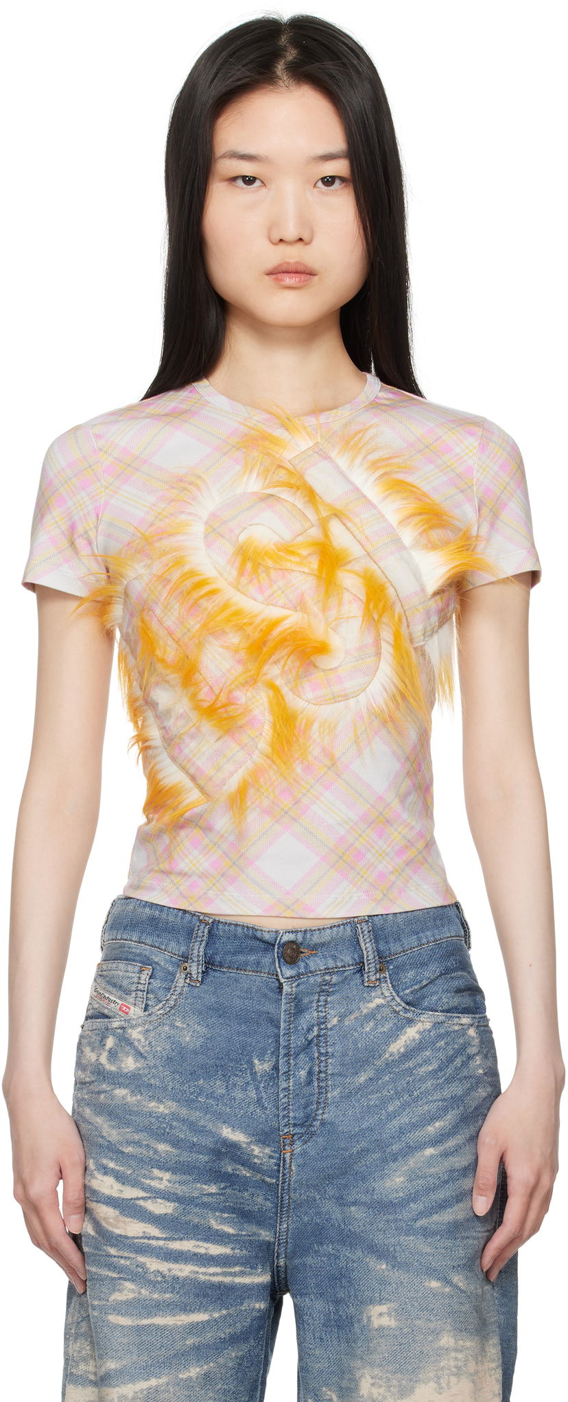Кроп-топи Diesel Plaid Cropped T-Shirt with Yellow Faux Fur Detail білий | A16538 0AMDX
