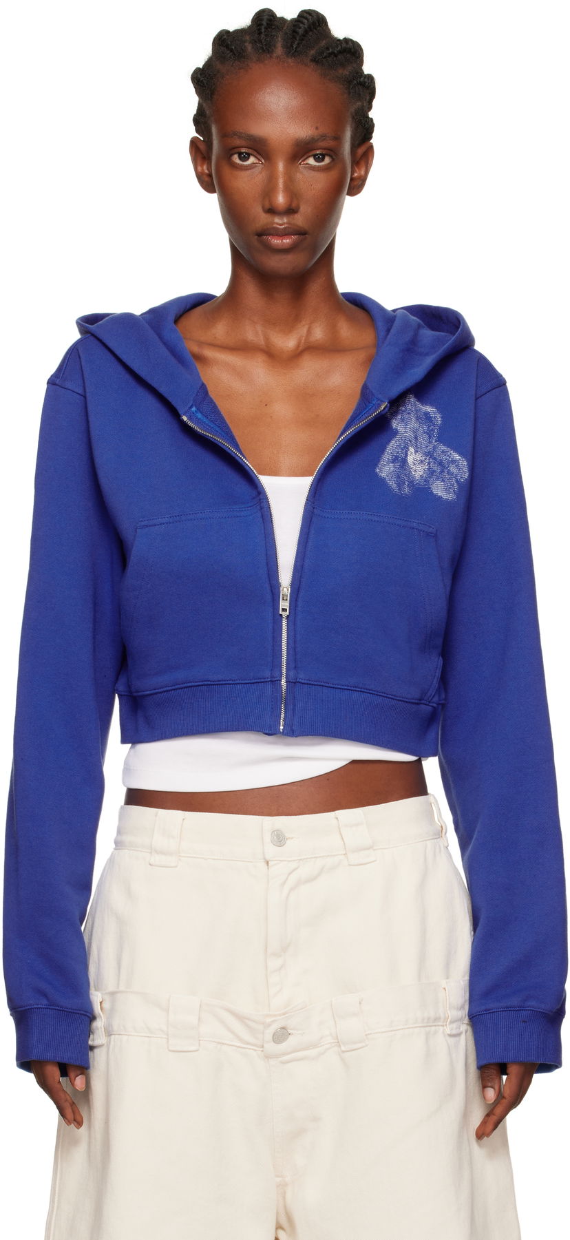 Світшоти We11done Teddy Bear Graphic Slim-Fit Cropped Zip-Up Hoodie Синій | WD-TJ2-25-870-W-BL