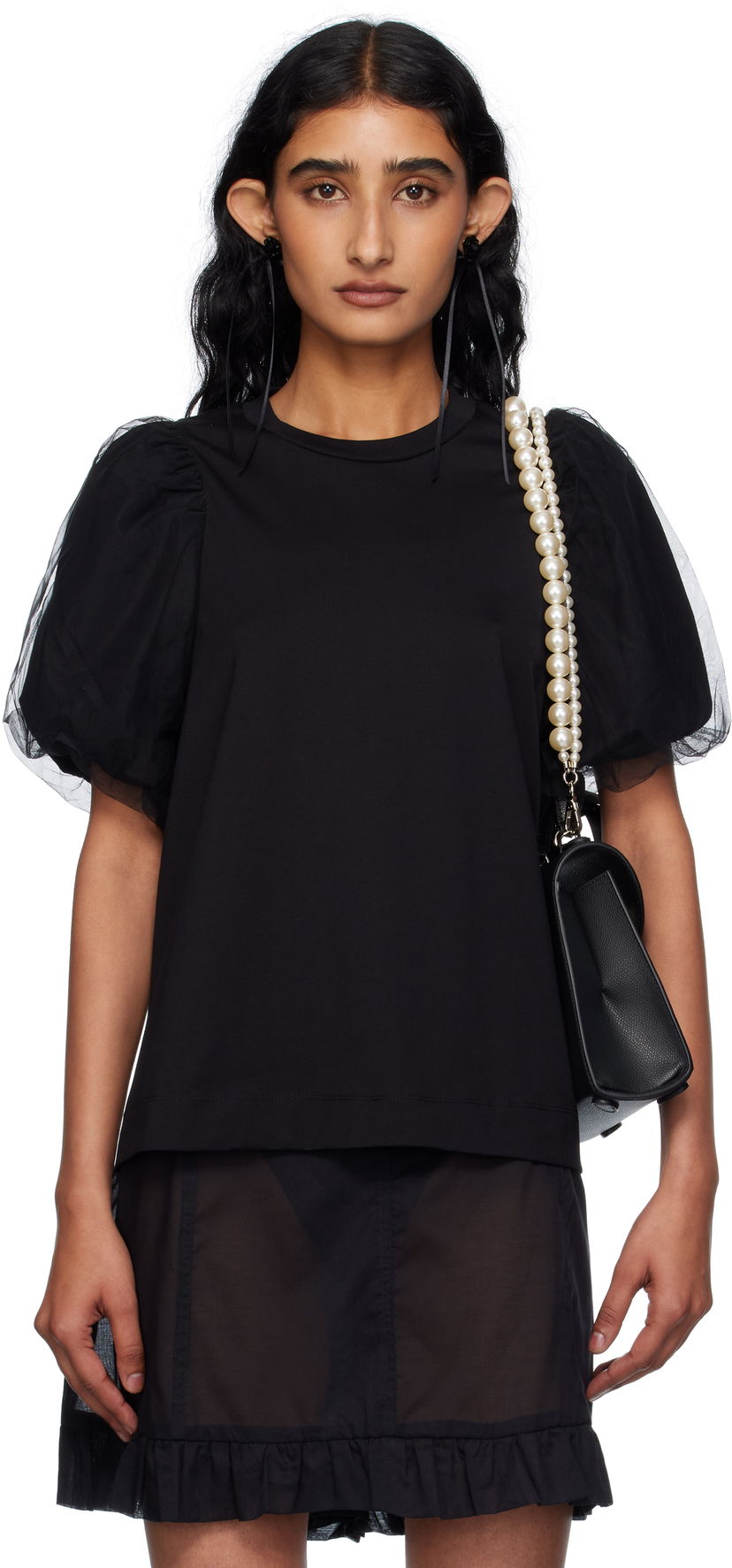 Футболка Simone Rocha Simone Rocha Tulle Overlay Puff Sleeve T-Shirt чорний | 5397 0553
