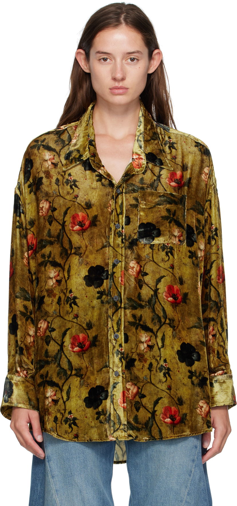 Сорочка R13 R13 Floral-Print Velvet Drop-Neck Shirt Зелений | R13WR004-R595A