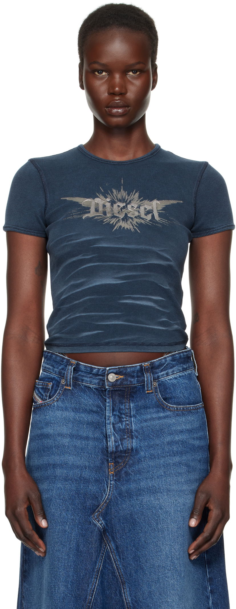 Кроп-топи Diesel Ribbed Graphic Crop T-Shirt Синій | A14231 0WFBM