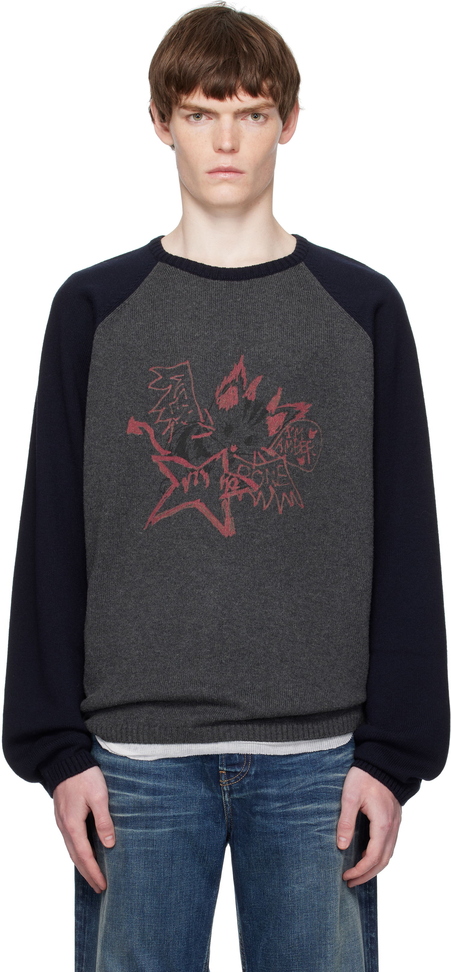 Cветр We11done We11done Printed Raglan Knit Pullover Sweater Сірий | WD-KO2-25-659-U-CH, 0