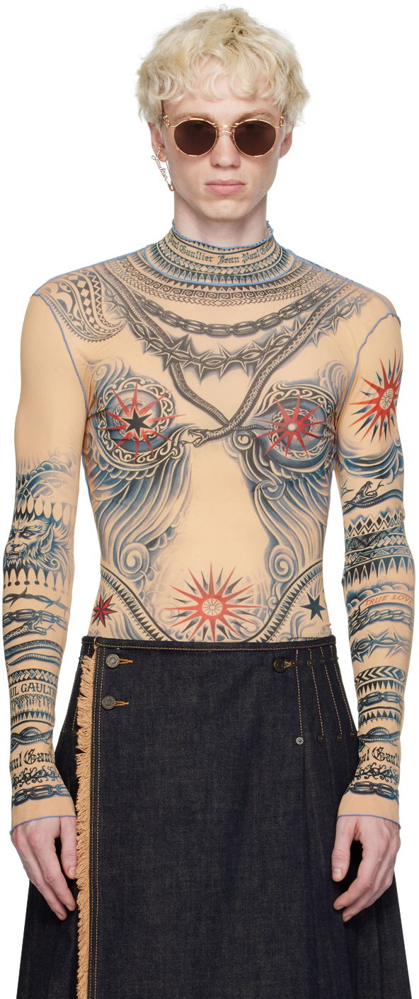 Футболка Jean Paul Gaultier Jean Paul Gaultier Tattoo Print Turtleneck Top бежевий | 23/15-F-TO111-J528-635030