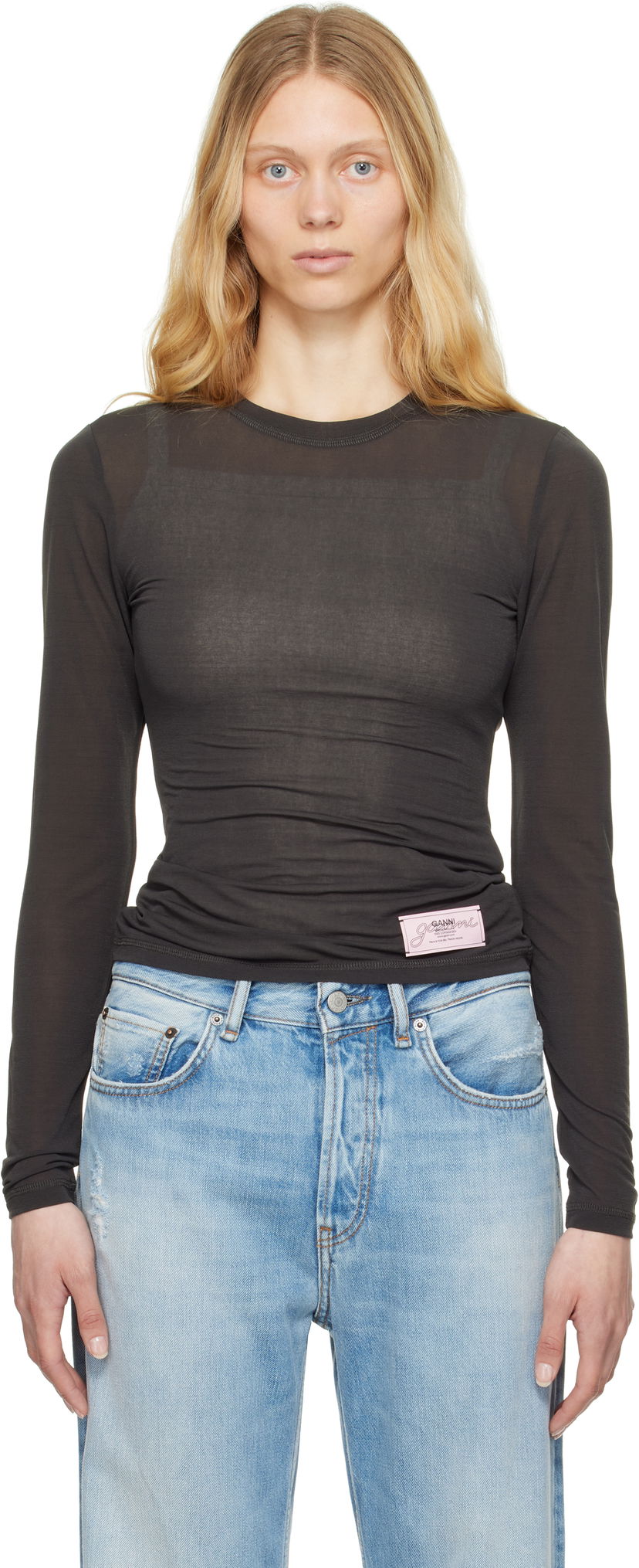 Футболка GANNI GANNI Sheer Mesh Jersey Long Sleeve T-shirt Сірий | T4242
