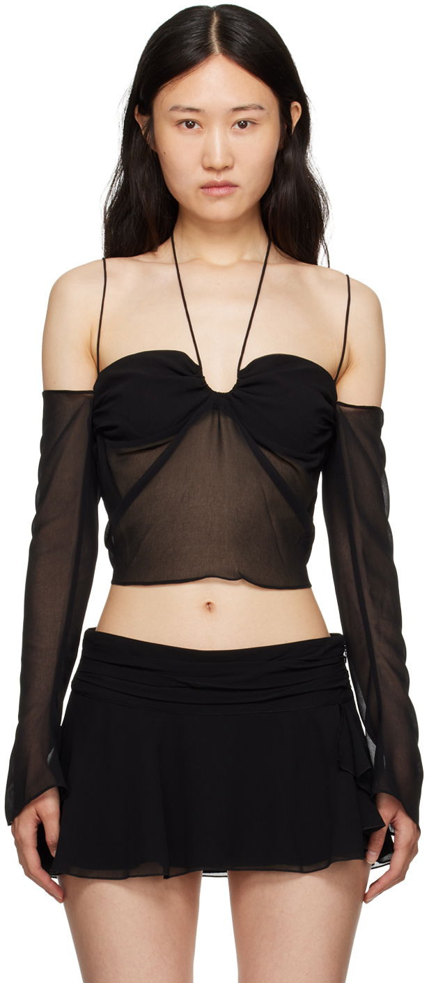 Кроп-топи GUIZIO Guizio Gathered Sheer Off-Shoulder Blouse чорний | H23113W034