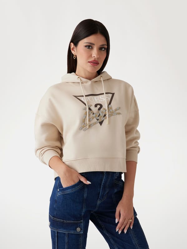 Світшоти GUESS Women's Beige Cropped Hoodie with Rhinestone Logo бежевий | W4BQ06KB683