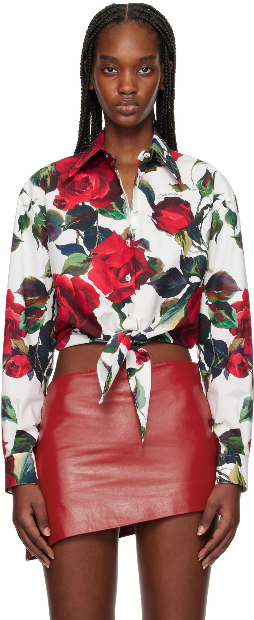 Сорочка Dolce & Gabbana Dolce&Gabbana Rose Print Tie Front Shirt білий | F5S65T HS5S2