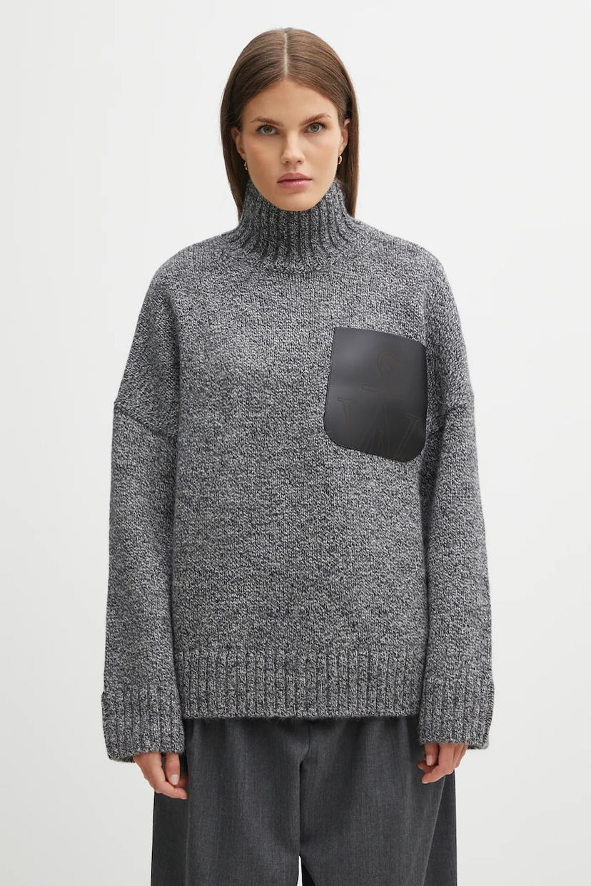 Cветр JW Anderson JW Anderson Turtleneck Wool Blend Sweater with Leather Patch Pocket Сірий | KW1292.YN0367