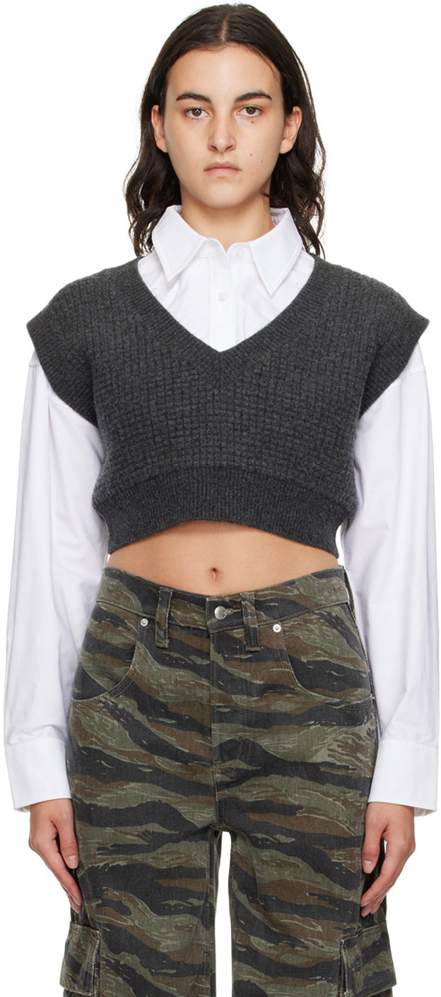 Cветр Alexander Wang Alexanderwang.t Layered Cropped Vest with V-Neck and Button-Down Shirt Сірий | 4KC4231003