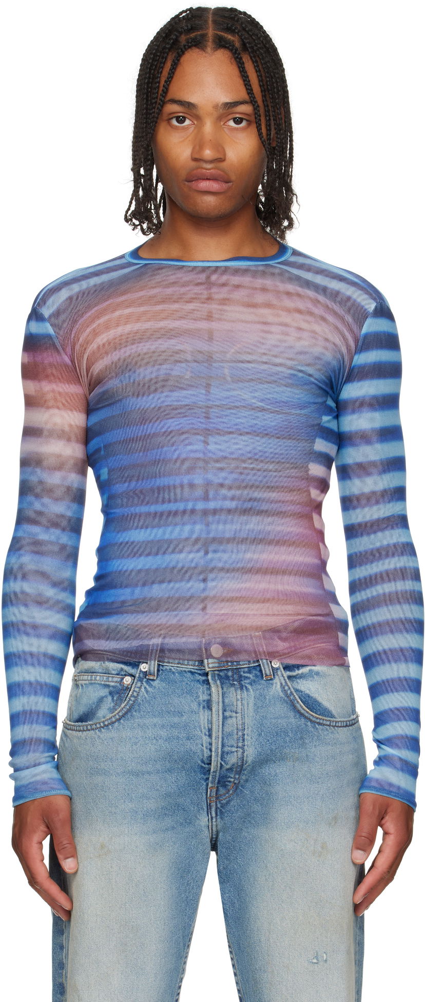 Футболка Jean Paul Gaultier Jean Paul Gaultier 'The Air' Striped Mesh Long Sleeve Синій | 25/03-W-TO336-M005P-565034