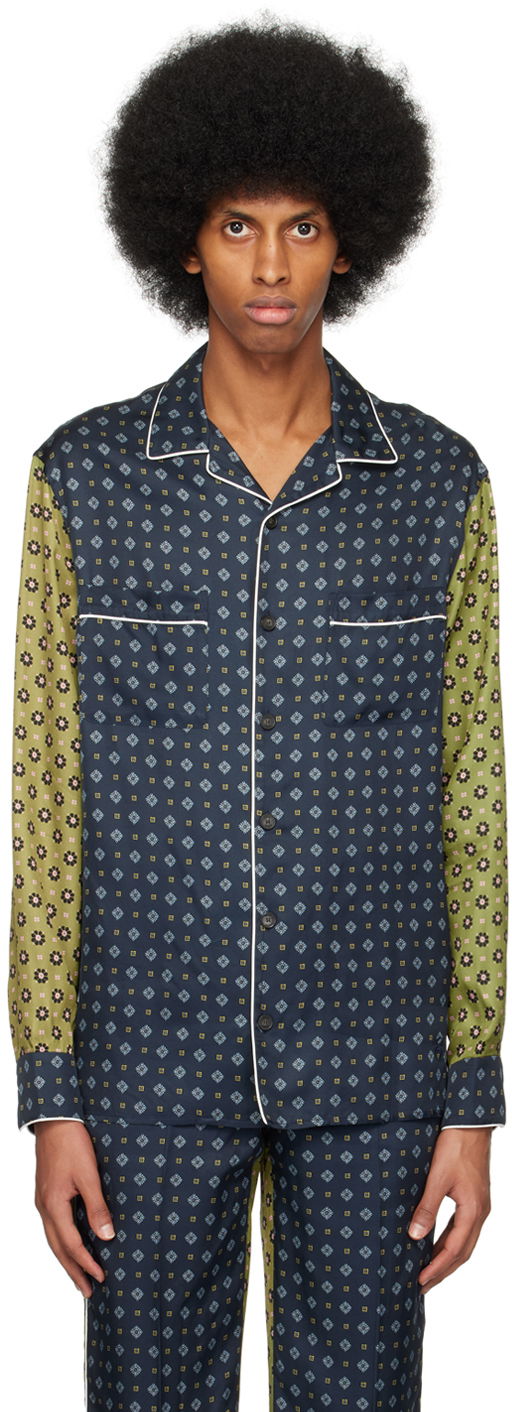 піжами Erdem Patterned Long Sleeve Shirt Синій | MS23_501MPFBT LUCIUS PYJAMA TOP