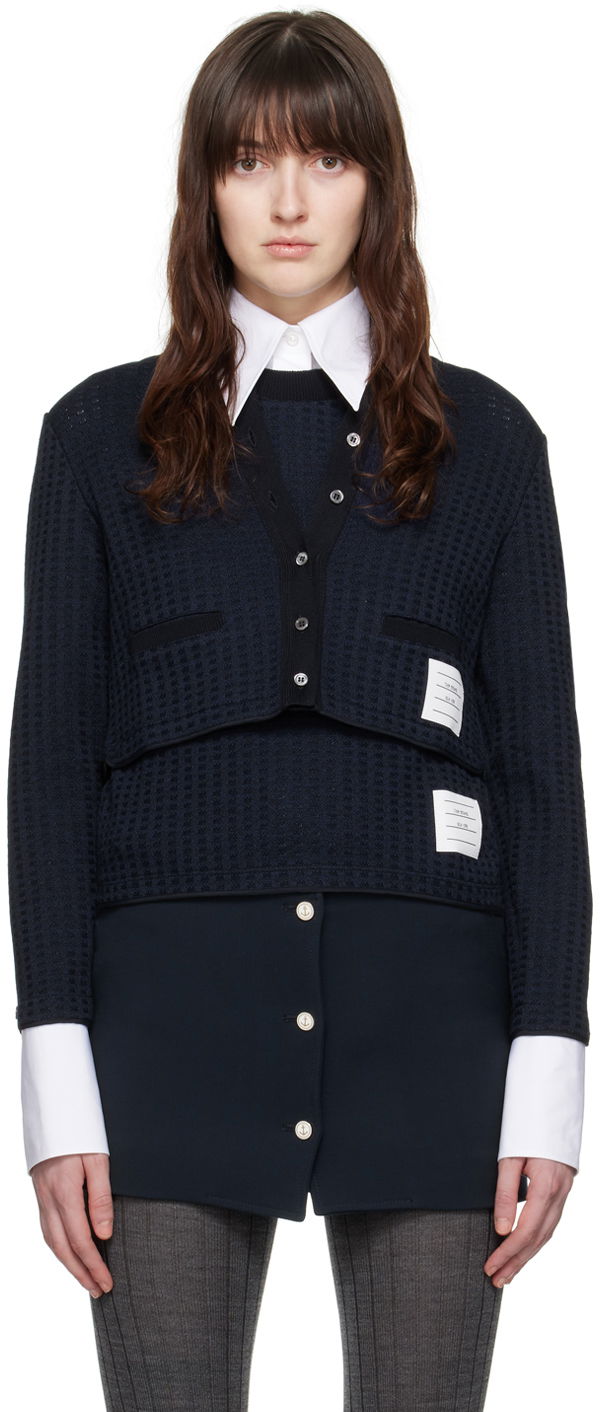 Cветр Thom Browne Checkered Jacquard Cropped Cardigan темно-синій | FJT323A-J0133