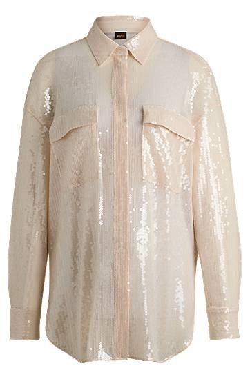 Сорочка BOSS Relaxed-Fit Sequin Blouse with Point Collar бежевий | 50524263
