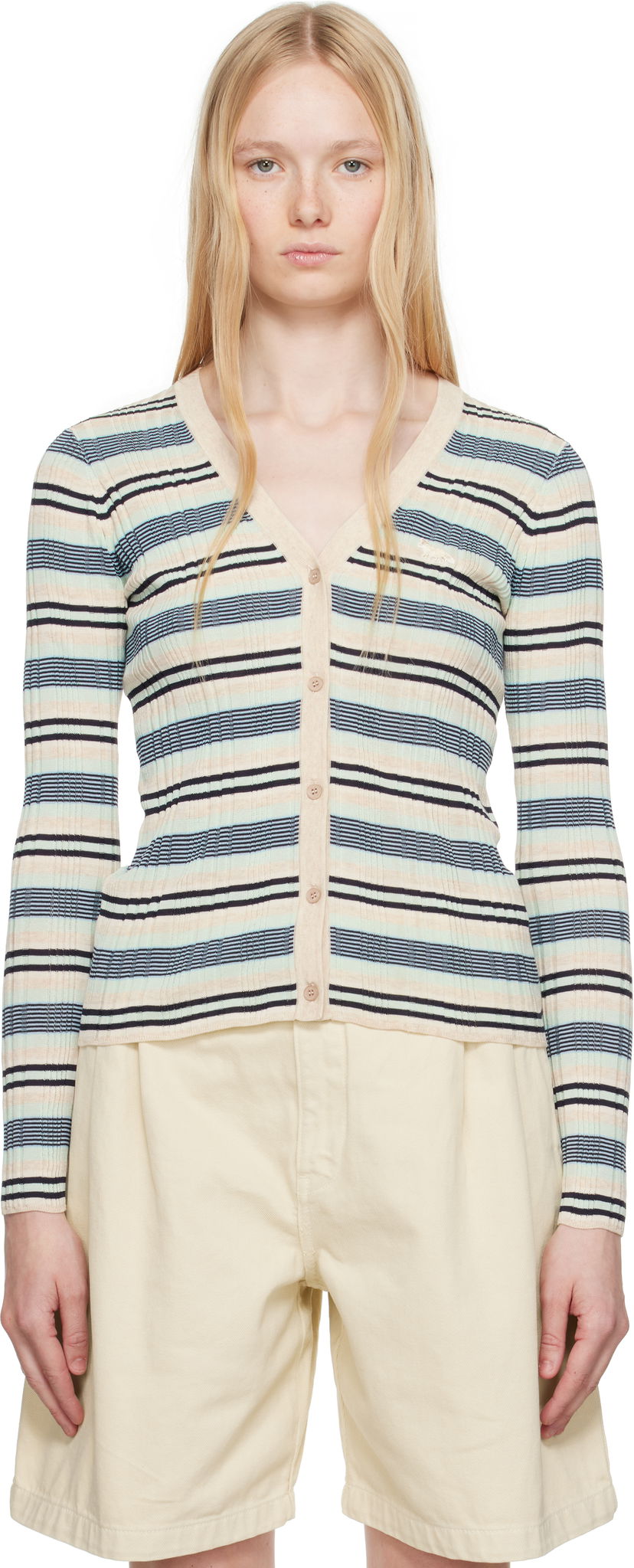 Cветр MAISON KITSUNÉ Maison Kitsuné Fine Rib Striped Cardigan Різнокольоровий | OW00505KT1122