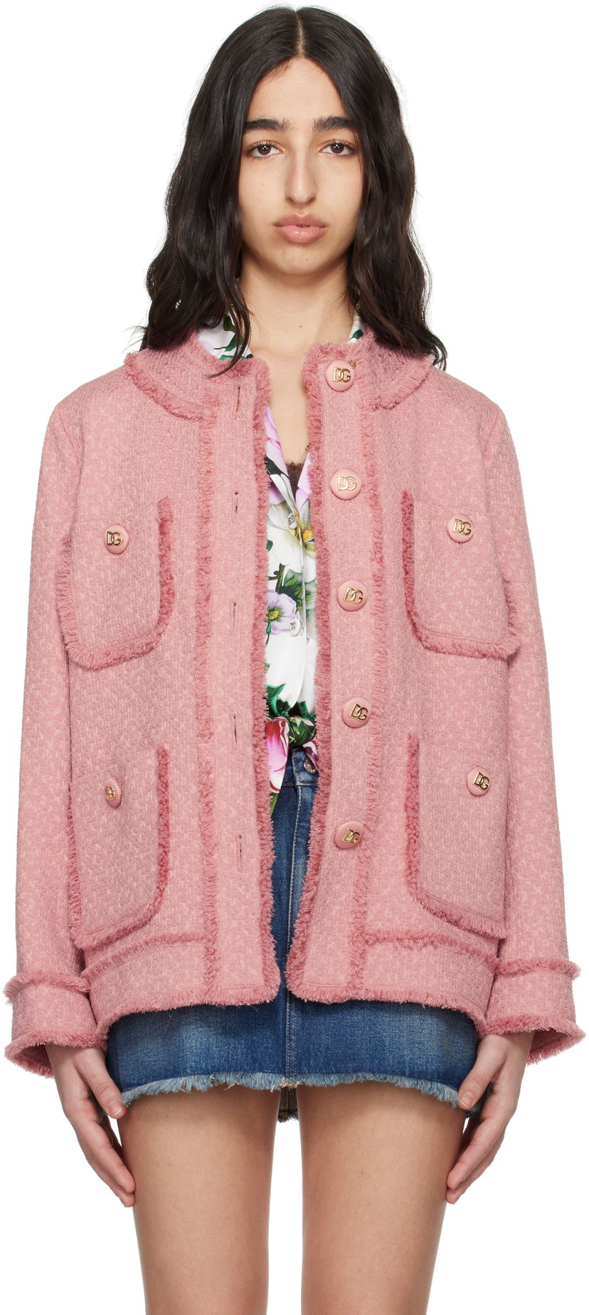 Куртка Dolce & Gabbana Dolce&Gabbana Single-Breasted Raschel Tweed Jacket Рожевий | F29TPT HUMUA