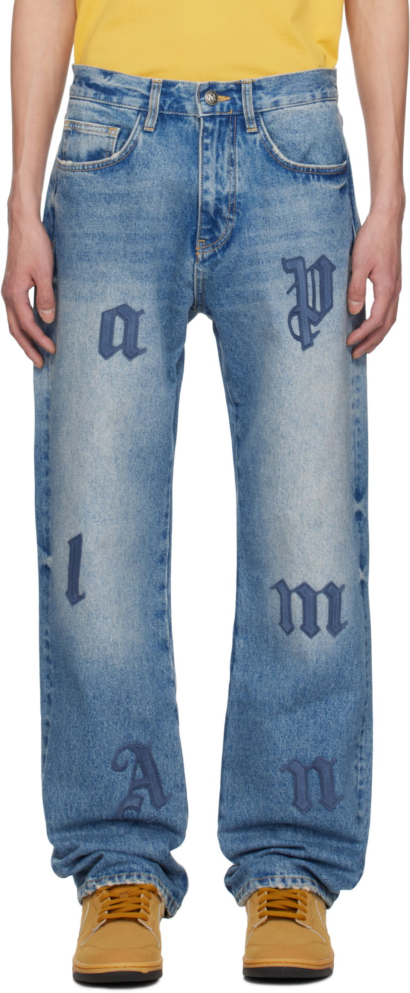 Джинси Palm Angels Palm Angels Logo Patch Straight Leg Jeans Синій | PMYA041S25DEN0064040