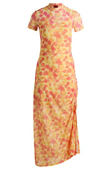 плаття BOSS Floral-Print Mesh Midi Dress with Ruched Side Жовтий | 50537179