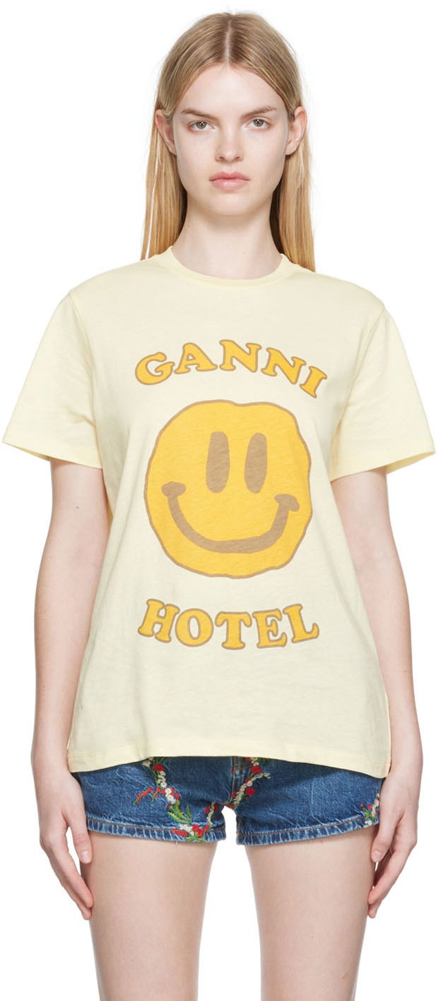 Футболка GANNI GANNI Smiley Hotel Graphic T-Shirt бежевий | T3224