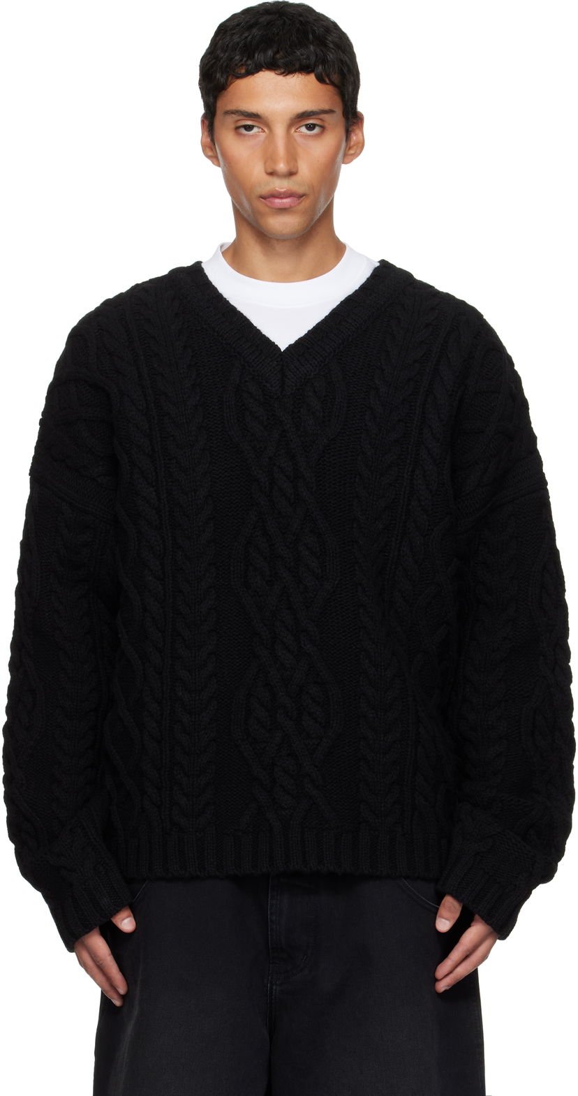 Cветр VETEMENTS VETEMENTS Cable Knit V-Neck Sweater чорний | UH76KN600B