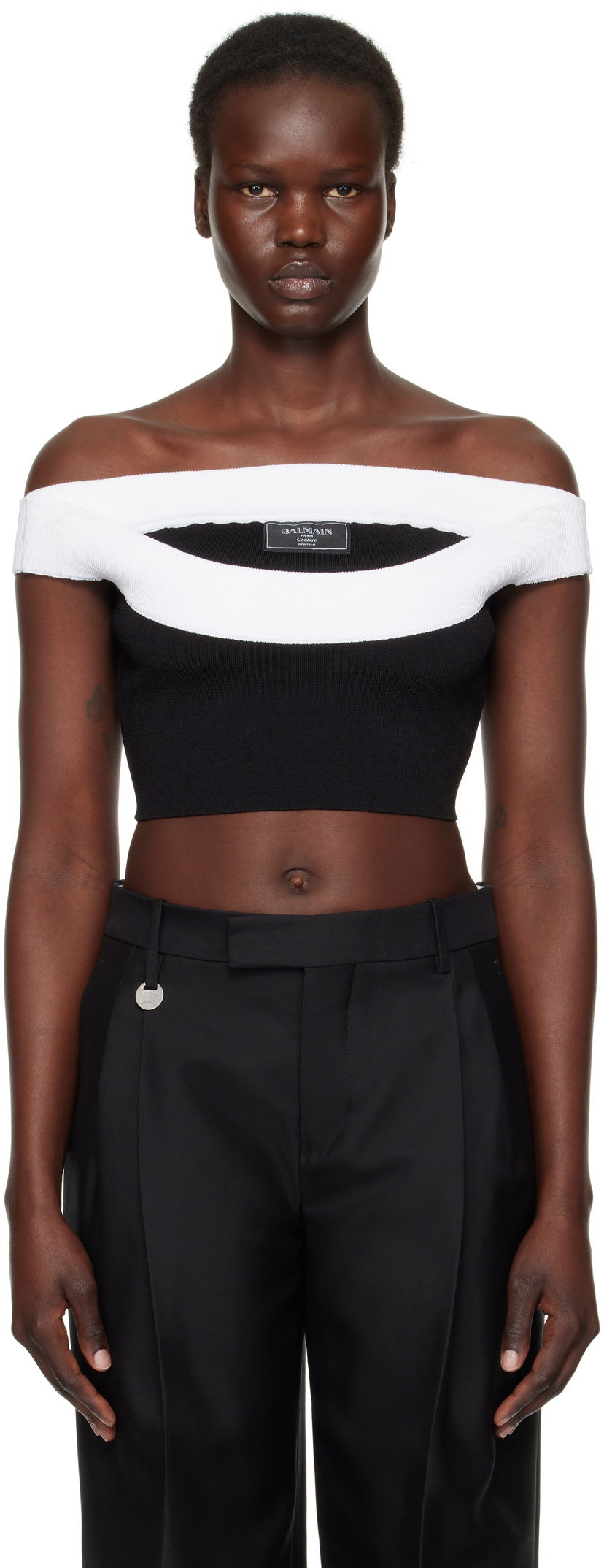Cветр Balmain Balmain Two-Tone Knit Cropped Top чорний | EF1AA375KH82