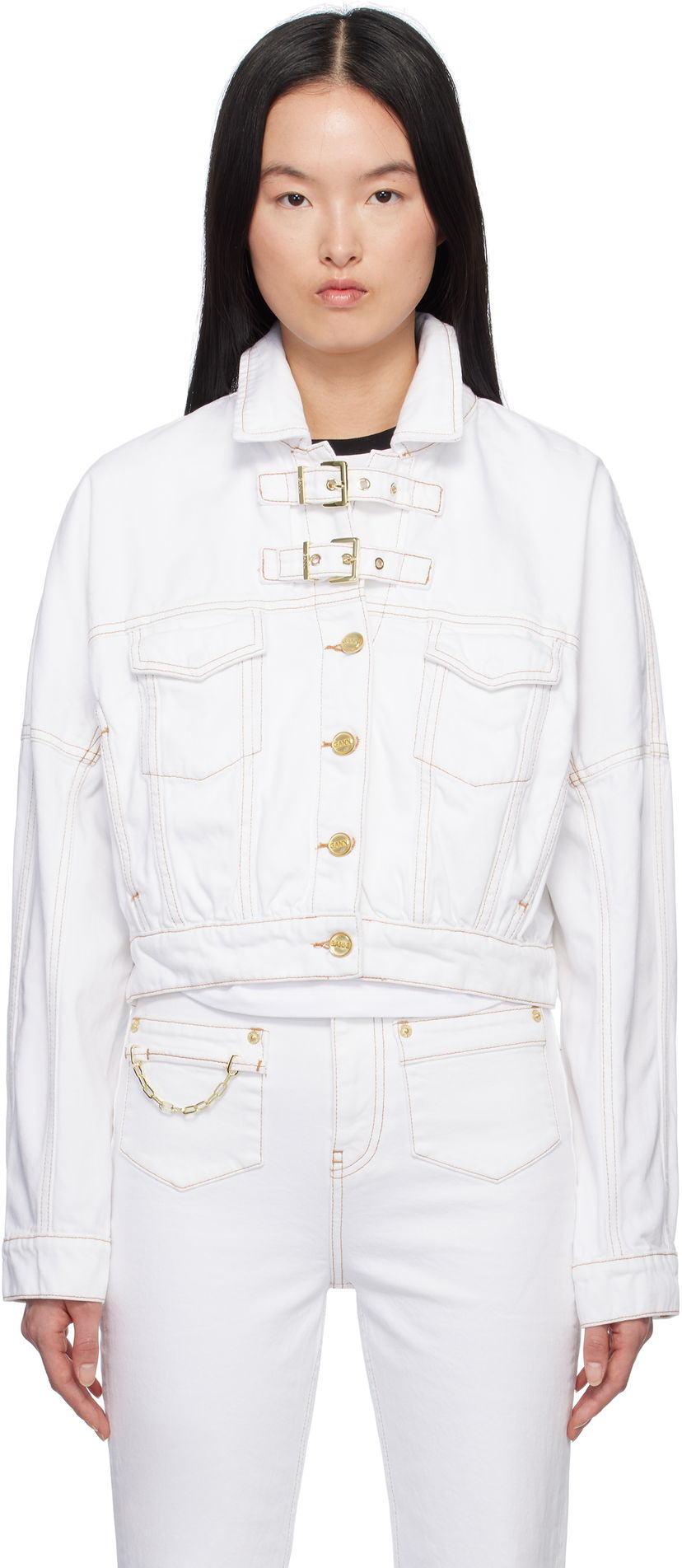Куртка GANNI GANNI Pin-Buckle Cropped Denim Jacket білий | J1658