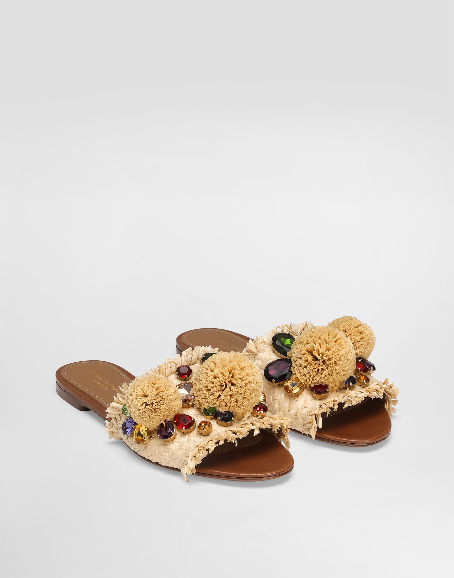 Аксесуари Dolce & Gabbana Dolce & Gabbana Braided Fringed Raffia Slide Sandals with Pompoms and Jewels бежевий | CQ0648AM4478B139, 1