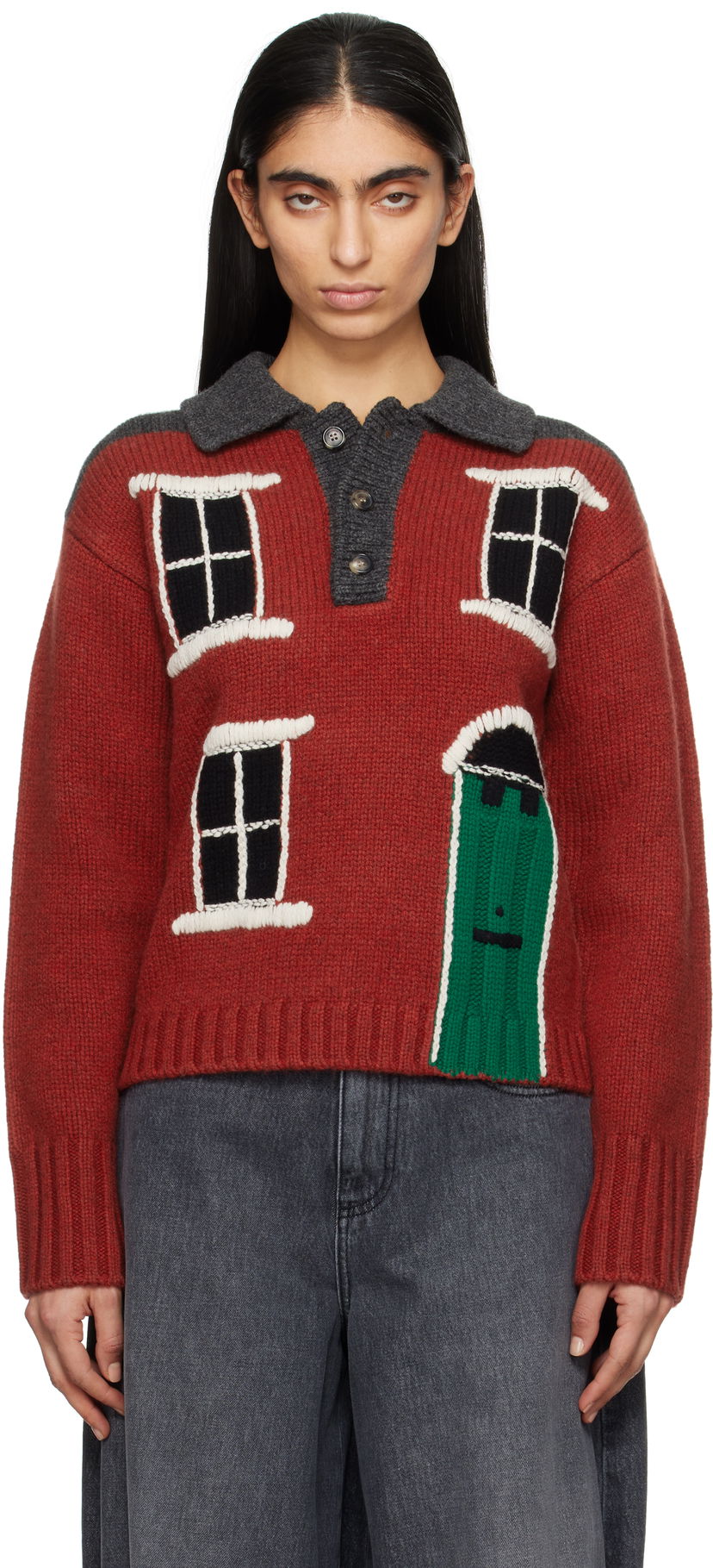 Cветр JW Anderson JW Anderson House Intarsia Polo Sweater Червоний | KW1405-YN0413