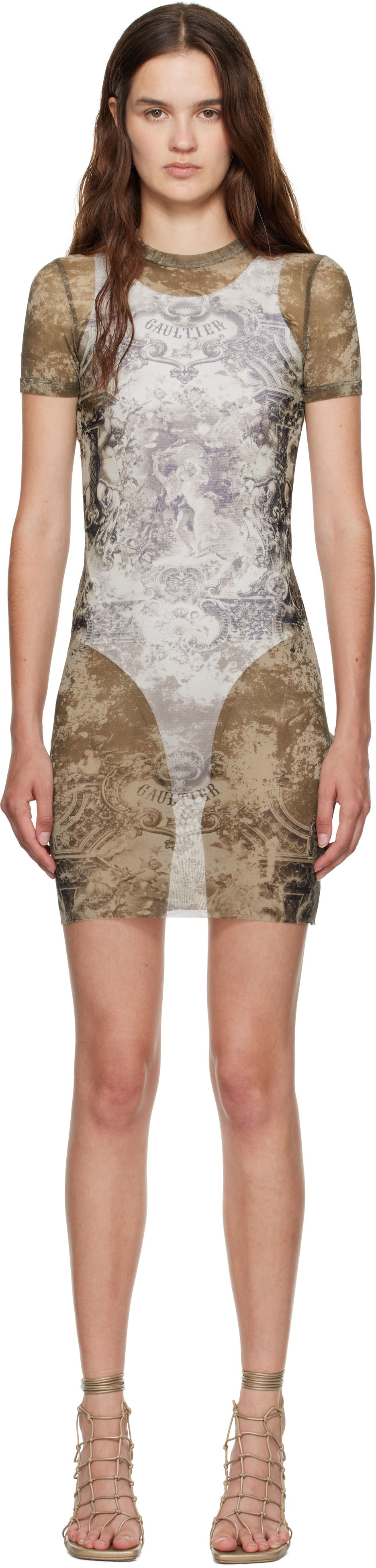 плаття Jean Paul Gaultier Jean Paul Gaultier 'The Médaillon' Printed Mesh Minidress Коричневий | 25/03-W-DR024-M006P-6965, 0
