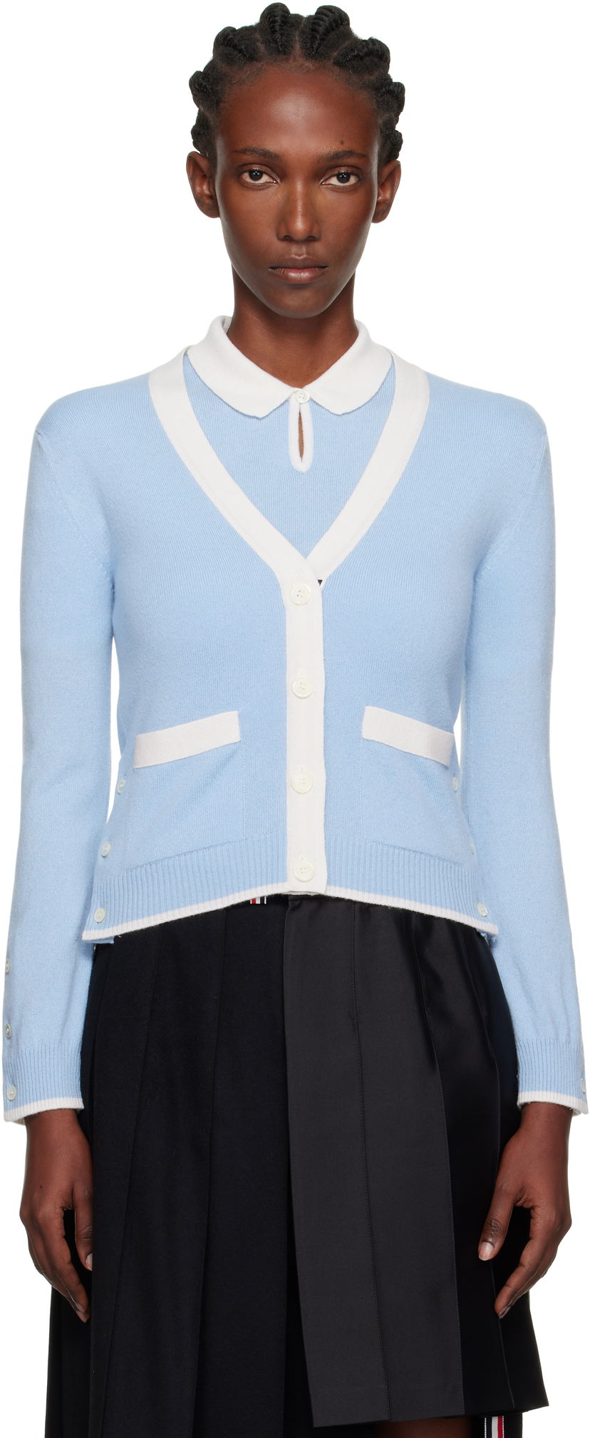 Cветр Thom Browne Thom Browne Jersey Stitch Cashmere V-Neck Cardigan Синій | FKC581A-Y2001