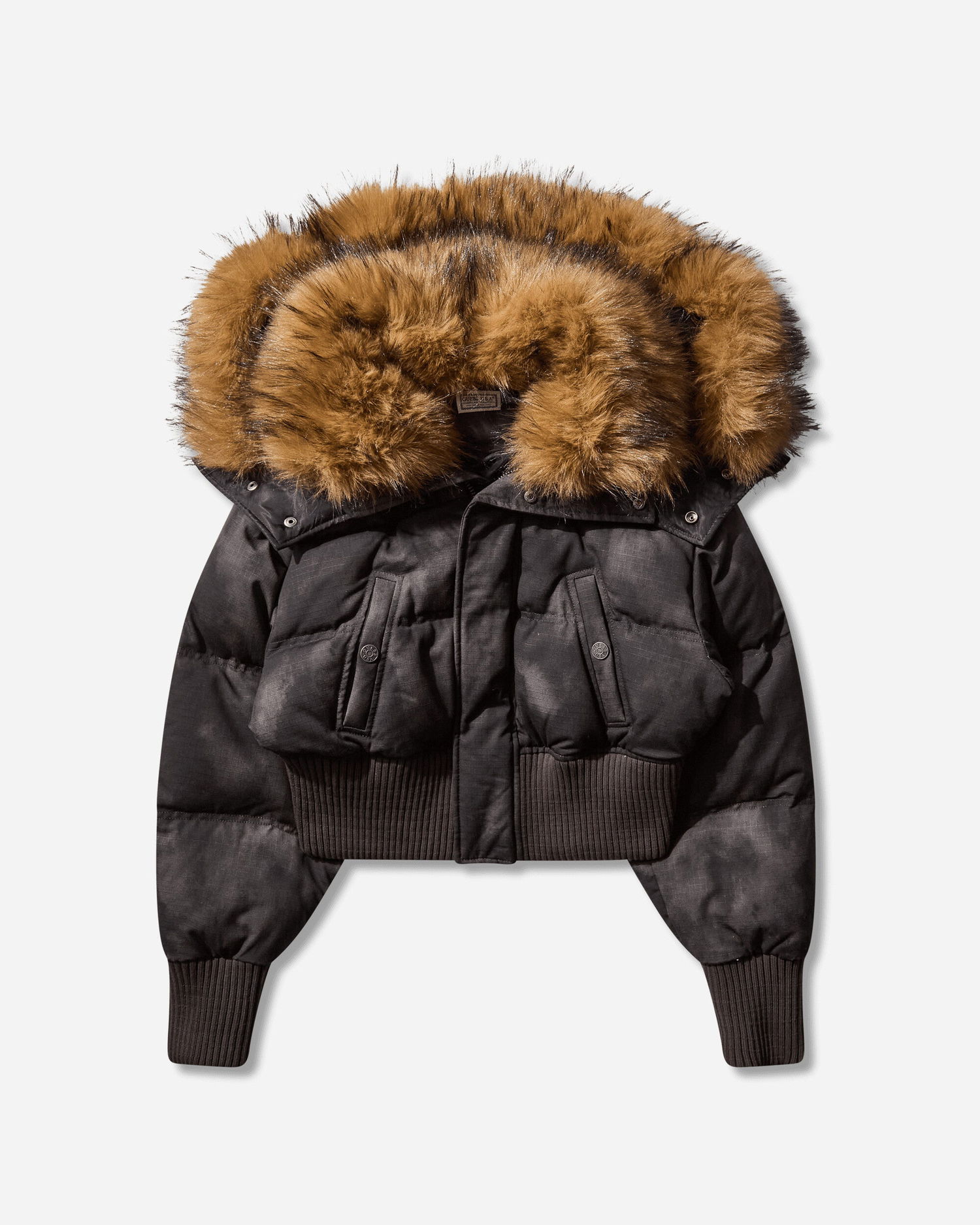 Пуховик GUESS Distressed Cropped Puffer Jacket with Faux Fur Hood чорний | W5BL10WGF30 JTMU, 0