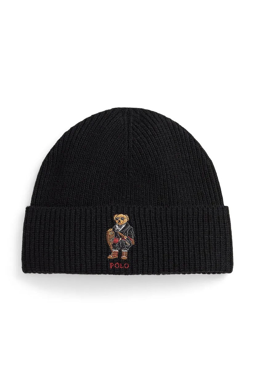 Шапка Polo by Ralph Lauren Ribbed Wool Blend Beanie with Polo Bear чорний | 449P02041