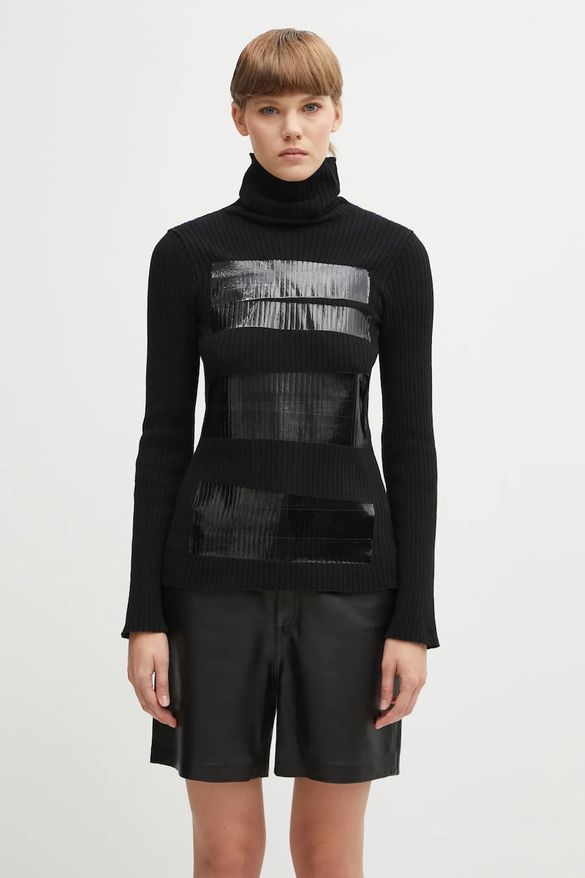 Cветр Maison Margiela Ribbed Wool-blend Turtleneck Sweater with Glossy Patches чорний | S62HA0095.M13196.900S