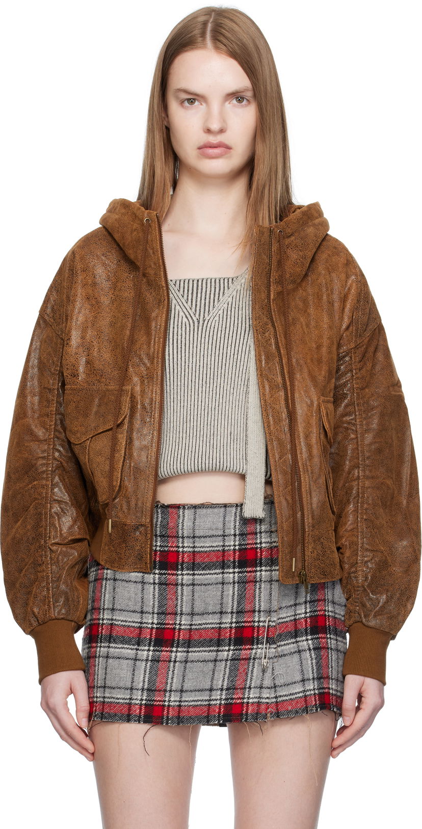 Куртка бомбер R13 R13 Shirred Oversized Leather Bomber Jacket Коричневий | R13WR429-R540A