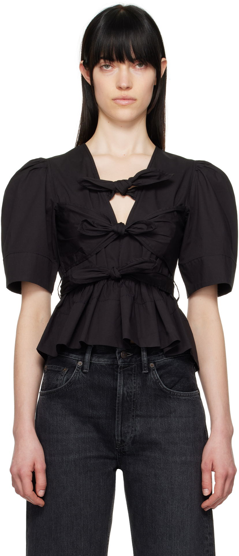 Кроп-топи GANNI Ganni Tie Strap Stretch Cotton Peplum Blouse чорний | W0378