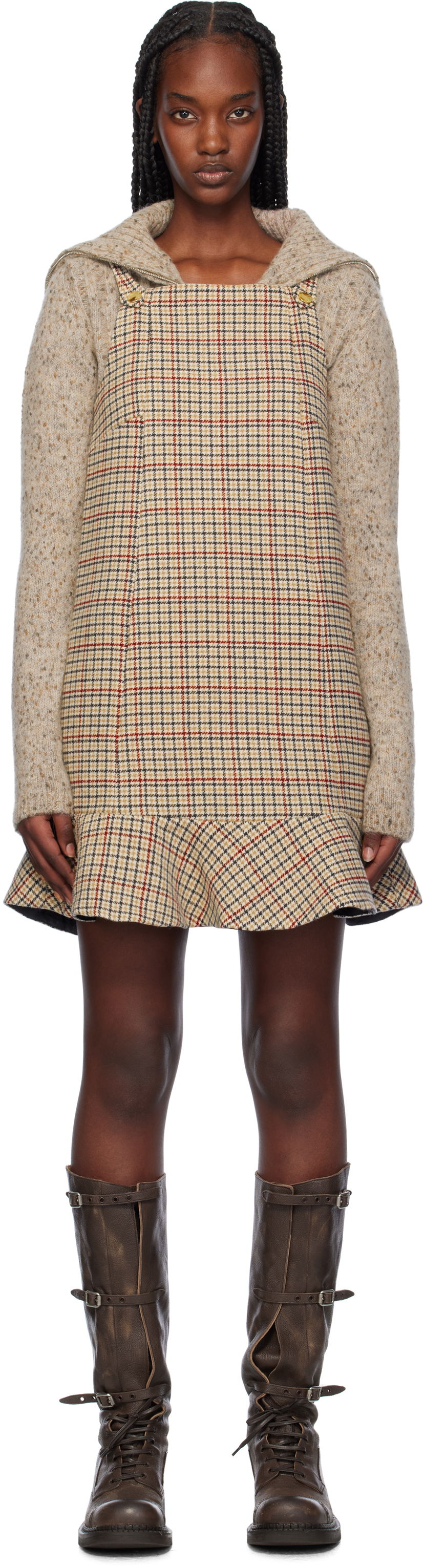 плаття GANNI Check Print Ruffle Hem Mini Dress бежевий | F9695